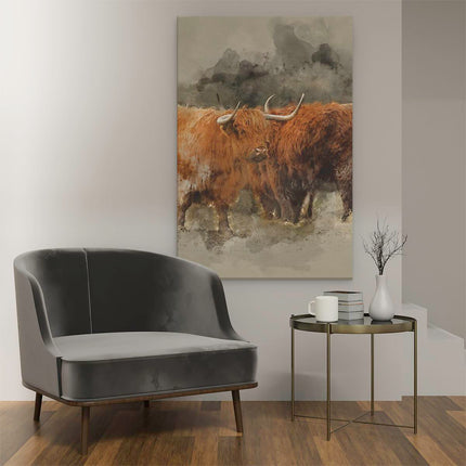 Canvas schilderij interieur Twee Schotse Hooglander Koeien - Abstract