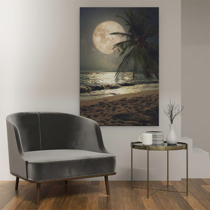 Canvas schilderij interieur Tropisch Strand In De Nacht Met Volle Maan