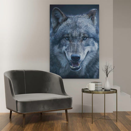 Canvas schilderij interieur Wolvenkop Met Blauwe Ogen - Wolf