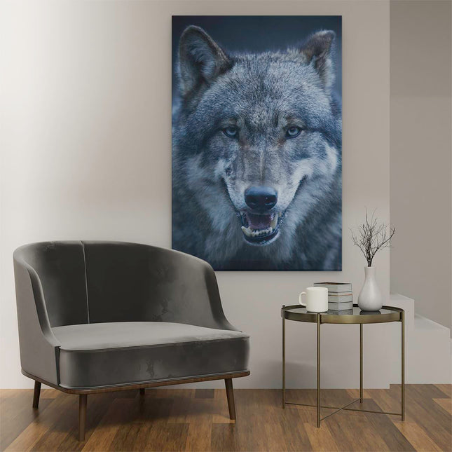 Canvas schilderij interieur Wolvenkop Met Blauwe Ogen - Wolf