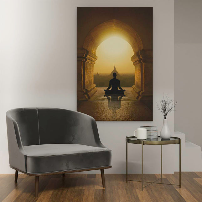 Canvas schilderij interieur Man Doet Yoga In Een Boeddha Tempel