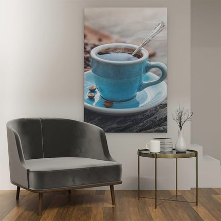 Canvas schilderij interieur Blauw Kopje Koffie Met Koffiebonen