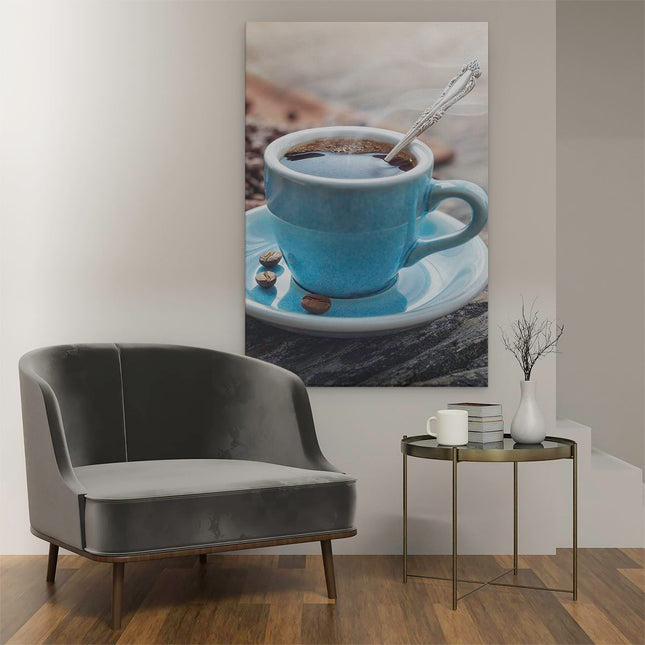 Canvas schilderij interieur Blauw Kopje Koffie Met Koffiebonen