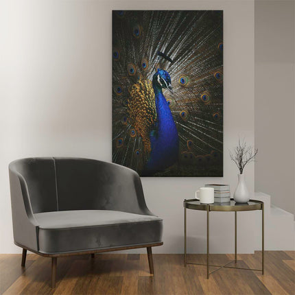 Canvas schilderij interieur Blauwe Pauw Met Grote Veren