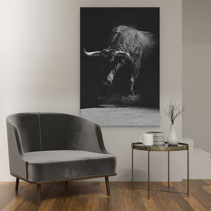 Canvas schilderij interieur Stier In De Arena - Zwart Wit