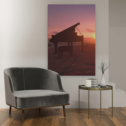 Canvas schilderij interieur Piano op het Strand bij Zonsondergang