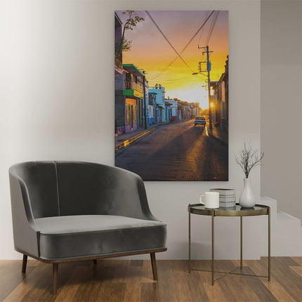 Canvas schilderij interieur Cuba Kleurrijke Huisjes bij Zonsondergang