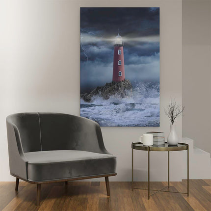 Canvas schilderij interieur Vuurtoren op een Storm Zee met Golfen Water