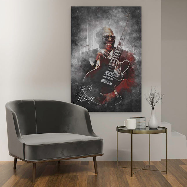Canvas schilderij interieur B.B. King met zijn Gitaar