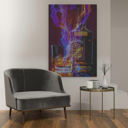 Canvas schilderij interieur Jack Daniels Fles in Vuur