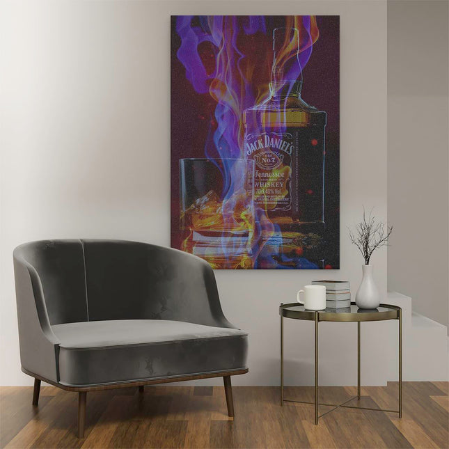 Canvas schilderij interieur Jack Daniels Fles in Vuur