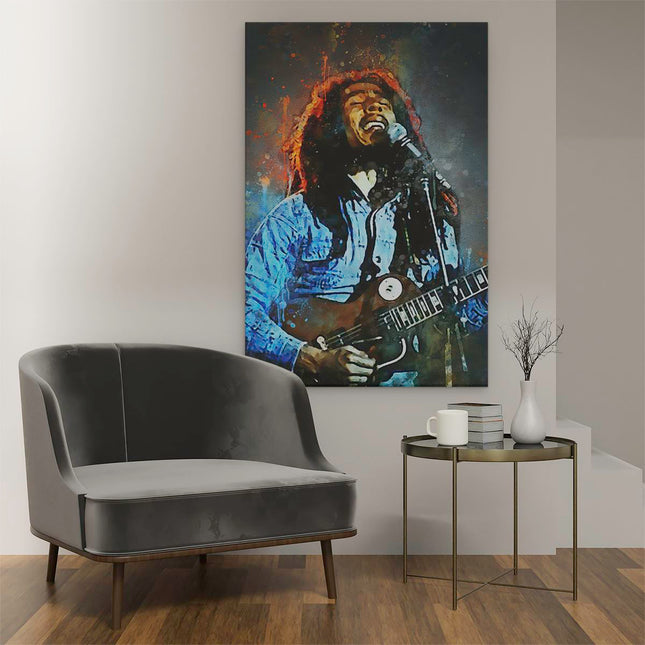 Canvas schilderij interieur Bob Marley met zijn Gitaar