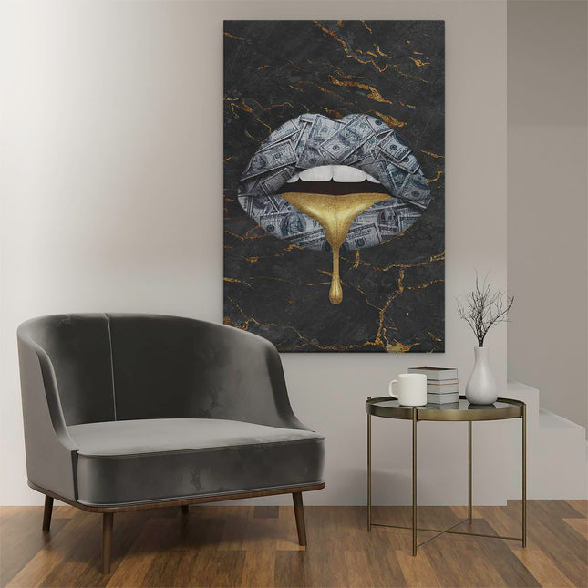 Canvas schilderij interieur Dollar Lippen Met Gesmolten Goud