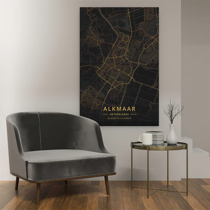 Canvas schilderij interieur Stadskaart Alkmaar in het Goud en Zwart