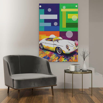 Canvas schilderij interieur Witte Retro Auto met Abstracte Figuren