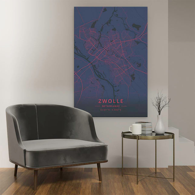 Canvas schilderij interieur Stadskaart Zwolle in het Rood en Zwart