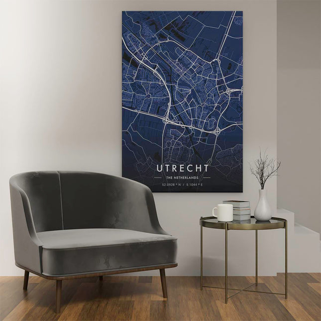 Canvas schilderij interieur Stadskaart Utrecht in het Blauw en Wit