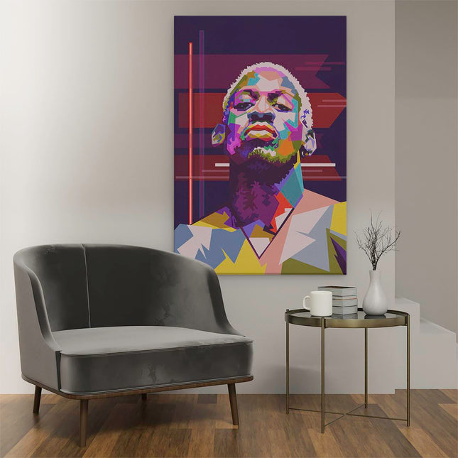 Canvas schilderij interieur Dennis Rodman in Abstracte Kleuren