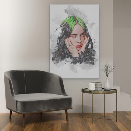 Canvas schilderij interieur Billie Eilish met Groen Haar