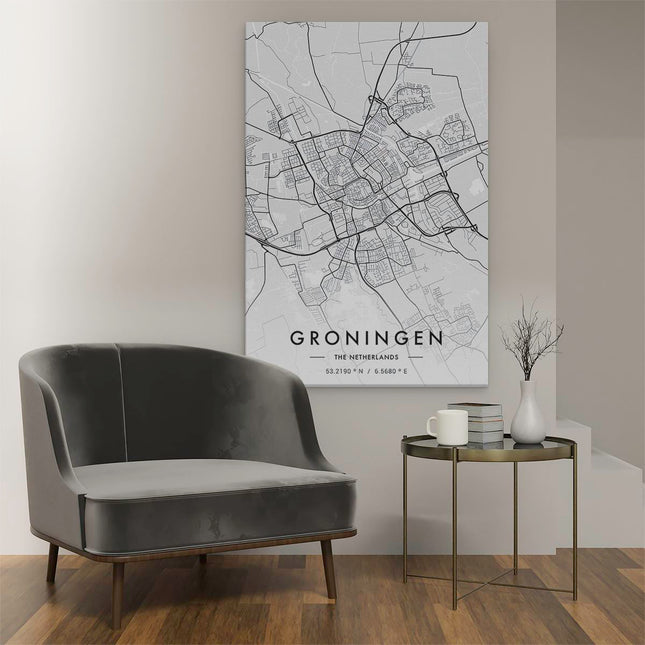 Canvas schilderij interieur Stadskaart Groningen in het Grijs
