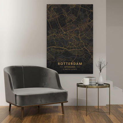 Canvas schilderij interieur Stadskaart Rotterdam in het Goud en Zwart