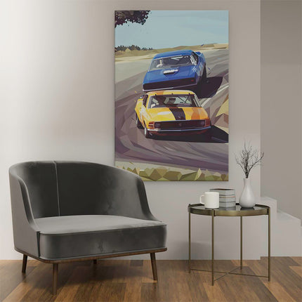 Canvas schilderij interieur Blauwe en Gele Raceauto Getekend