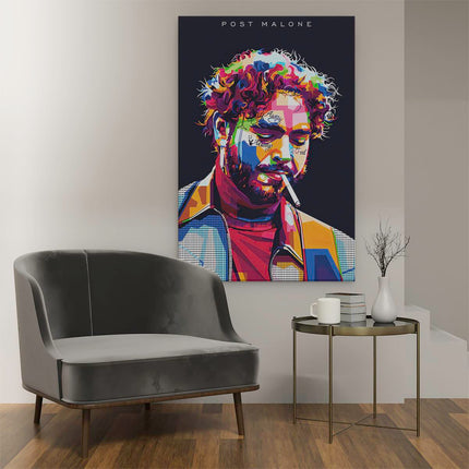 Canvas schilderij interieur Post Malone met een Sigaret in Abstracte Kleuren