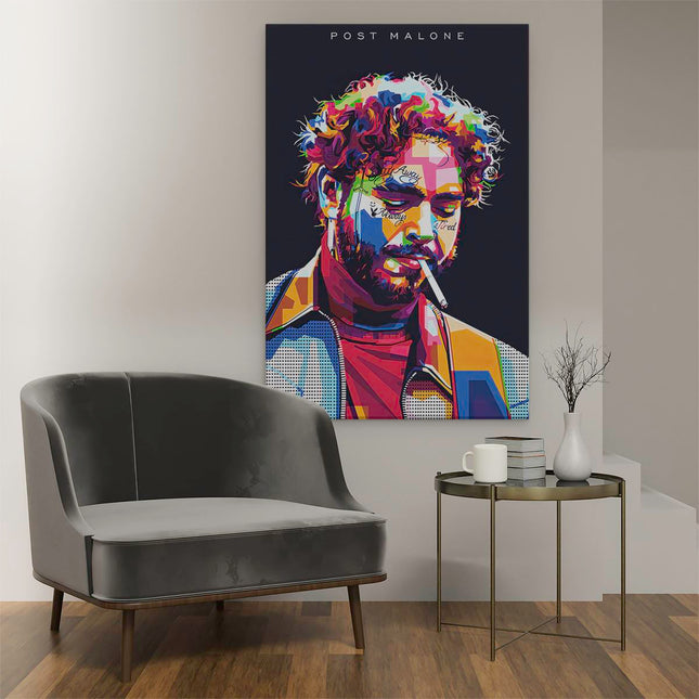 Canvas schilderij interieur Post Malone met een Sigaret in Abstracte Kleuren
