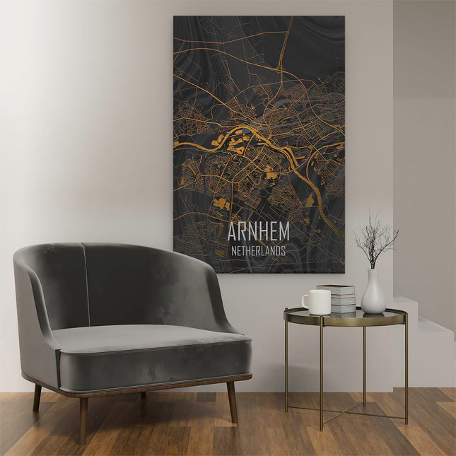 Canvas schilderij interieur Stadskaart Arnhem in het Goud en Zwart