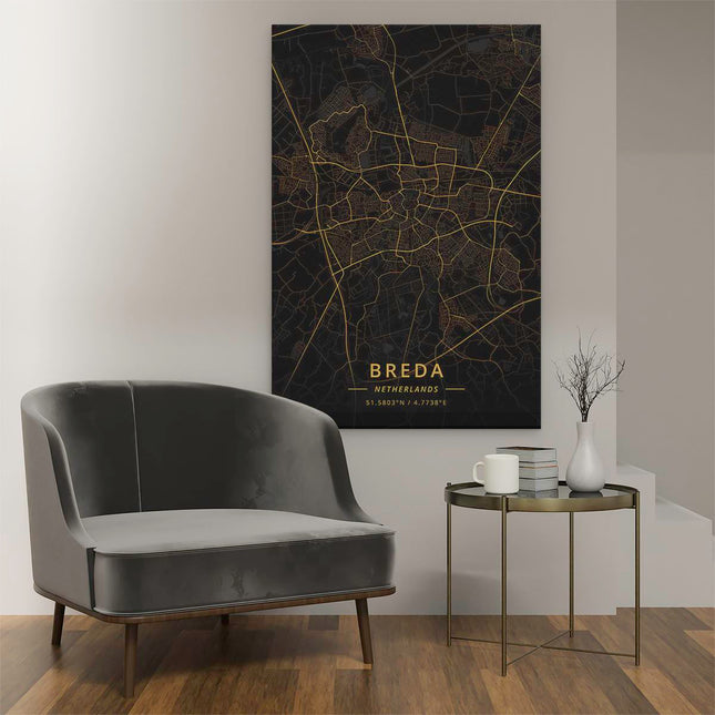 Canvas schilderij interieur Stadskaart Breda in het Goud en Zwart