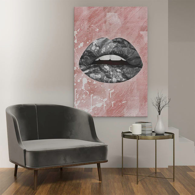 Canvas schilderij interieur Donkere Lippen op een Roze Achtergrond