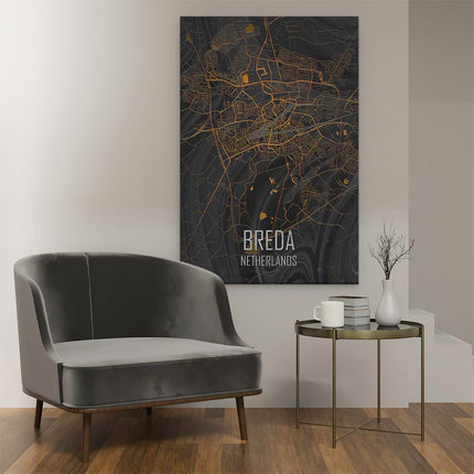 Canvas schilderij interieur Stadskaart Breda in het Goud en Zwart