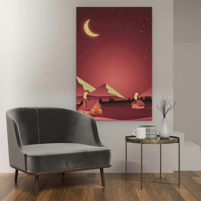 Canvas schilderij interieur Twee Rode Getekende Huisjes met Rook in de Nacht