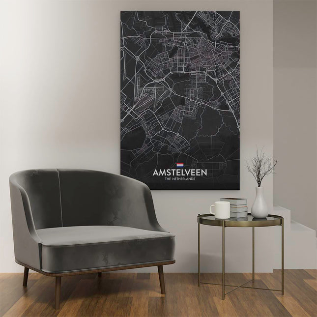 Canvas schilderij interieur Stadskaart Amstelveen in het Zwart