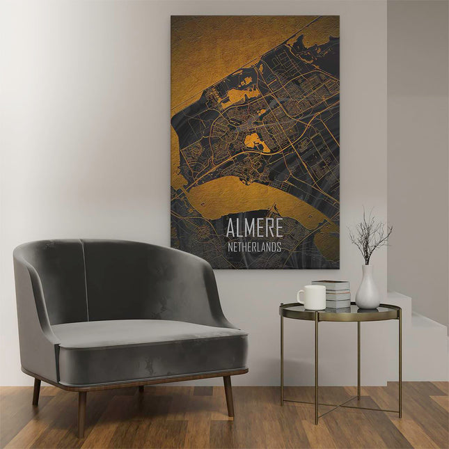 Canvas schilderij interieur Stadskaart Almere in het Goud en Zwart
