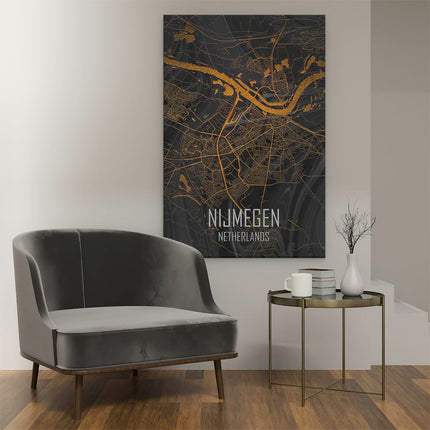 Canvas schilderij interieur Stadskaart Nijmegen in het Zwart en Goud