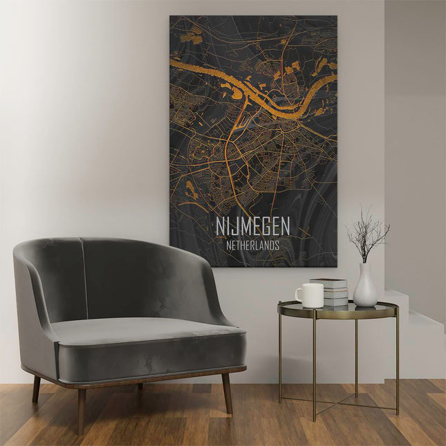 Canvas schilderij interieur Stadskaart Nijmegen in het Zwart en Goud