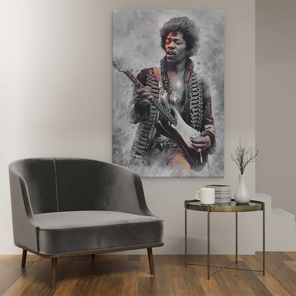 Canvas schilderij interieur Jimi Hendrix met zijn Gitaar 