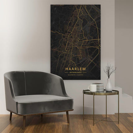 Canvas schilderij interieur Stadskaart Haarlem in het Goud en Zwart