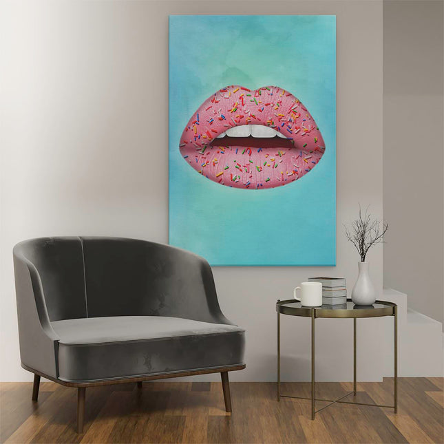 Canvas schilderij interieur Roze Lippen met Spikkels op een Blauw Achtergrond