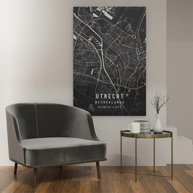 Canvas schilderij interieur Stadskaart Utrecht in het Zwart