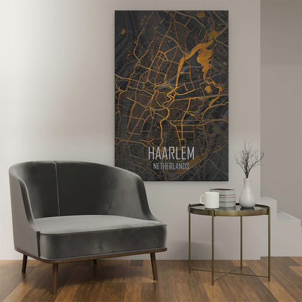 Canvas schilderij interieur Stadskaart Haarlem in het Goud en Zwart