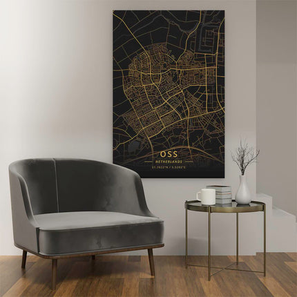 Canvas schilderij interieur Stadskaart Oss in het Goud en Zwart