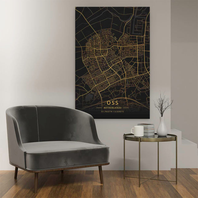 Canvas schilderij interieur Stadskaart Oss in het Goud en Zwart
