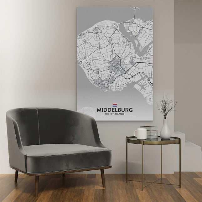 Canvas schilderij interieur Stadskaart Middelburg in het Wit