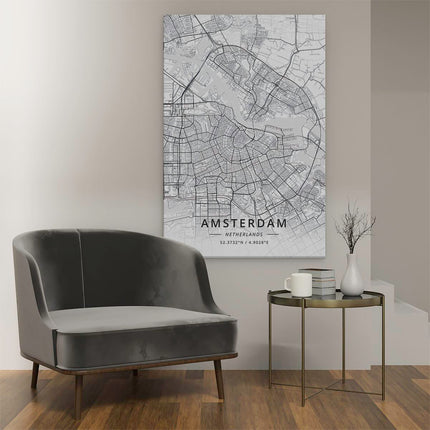 Canvas schilderij interieur Stadskaart Amsterdam in het Wit