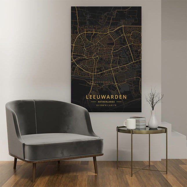 Canvas schilderij interieur Stadskaart Leeuwarden in het Zwart en Goud