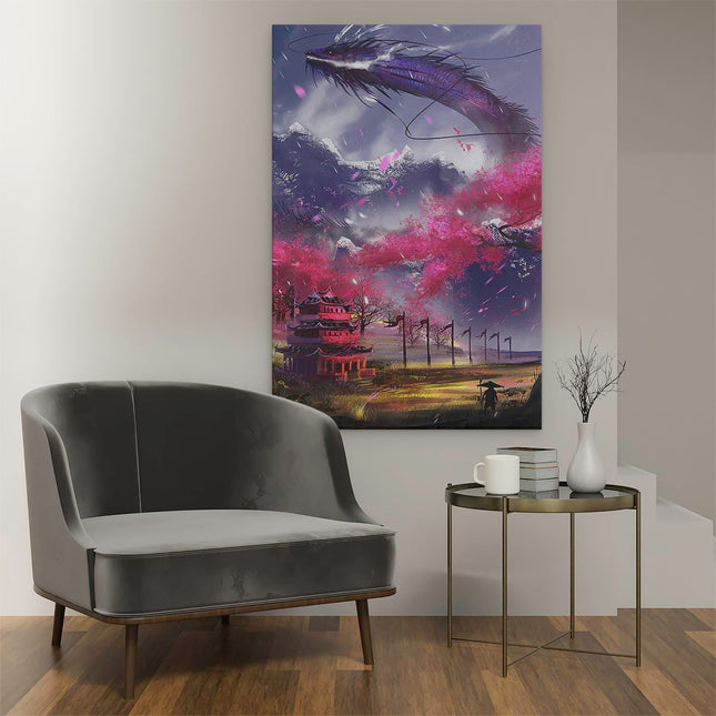 Canvas schilderij interieur Fantasie Draak bij een Japanse Tempel in de Bergen