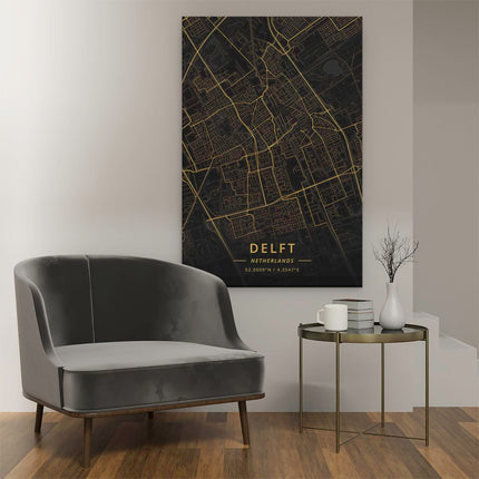 Canvas schilderij interieur Stadskaart Delft in het Goud en Zwart