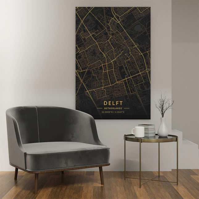 Canvas schilderij interieur Stadskaart Delft in het Goud en Zwart